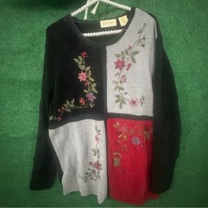 Bobbie Brooks Floral Patchwork Sweater - Black, Gray, Red